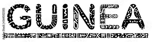 Guinea. Black on white isolate inscription. Curves doodle freaky letters. Guinea for print, clothing, t-shirt, souvenir, booklet, banner, flyer, card, tourist advertising. Stock vector picture.