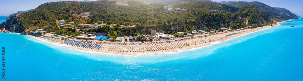 Panoramic aerial view of the popular Kathisma beach, Lefkada island, Greece