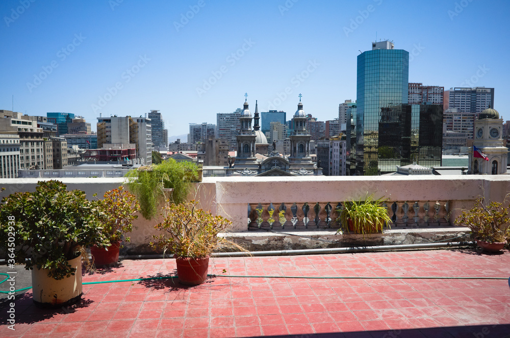 View from rooftop to Plaza de Arams in a center of Santaigo de Chile. City skyline and Santiago Metropolitan Cathedral. Chile View from rooftop to Plaza de Arams in a center of Santaigo de Chile. City skyline and Santiago Metropolitan Cathedral. Chile