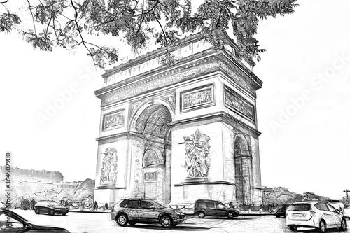 Принти на полотні drawing style representing a glimpse of the Arc de Triomphe in Paris