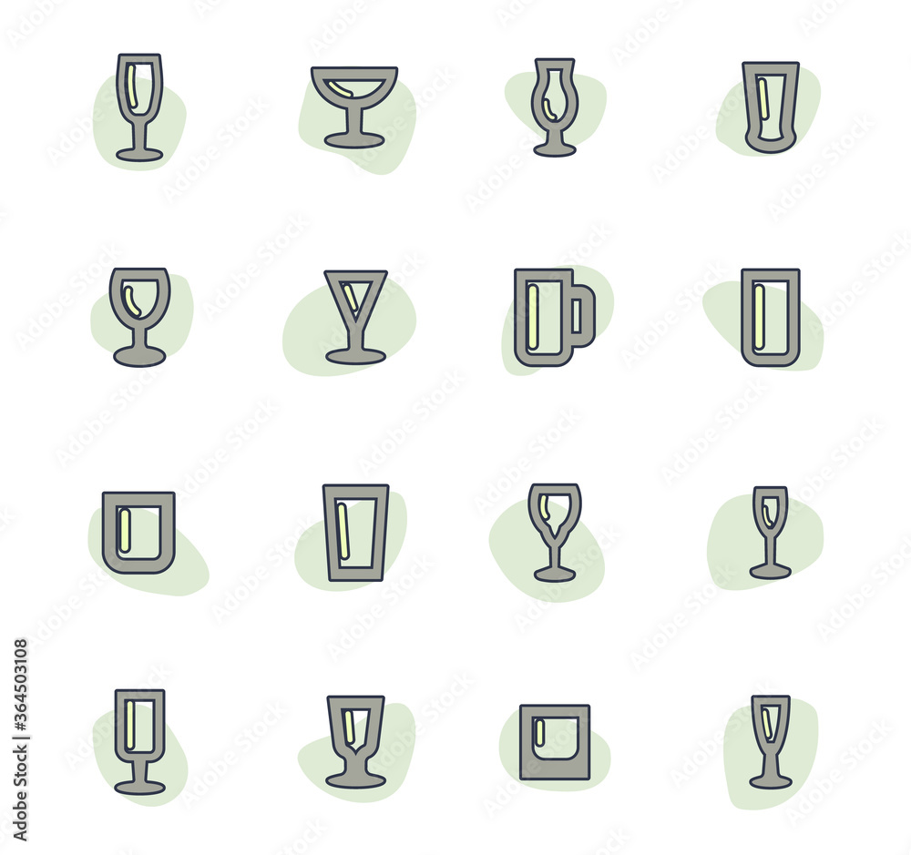 Glasses and cups icons set