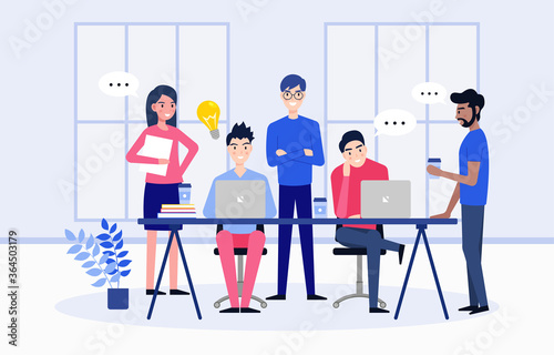 Business team people working. Discussing ideas for startup. Brainstorm concept. People talking and working together on laptops in modern office interior. Flat design characters. Vector illustration.