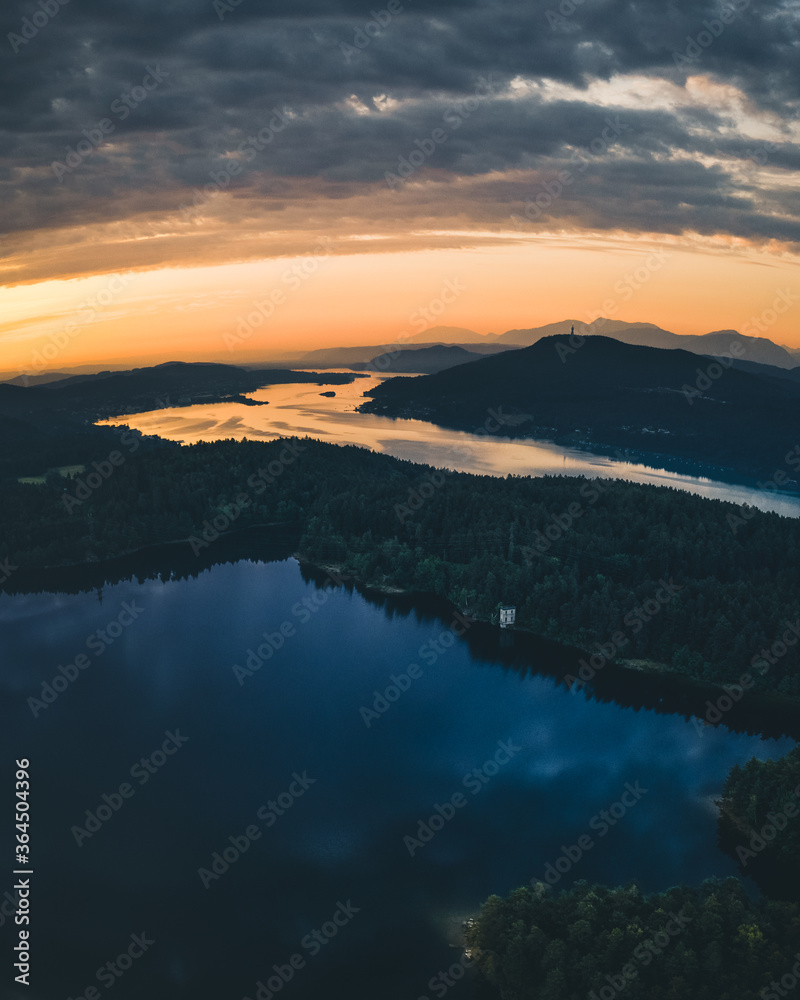 lake woerthersee aerial view in summer during sunrise