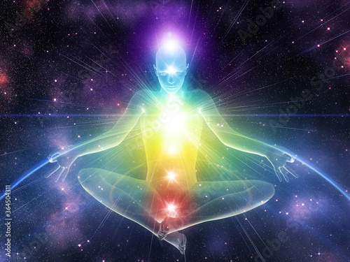 3d human in yoga pose with chakras Fototapet