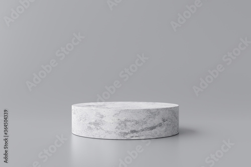 White marble product display on gray background with modern backdrops studio. Empty pedestal or podium platform. 3D Rendering. photo