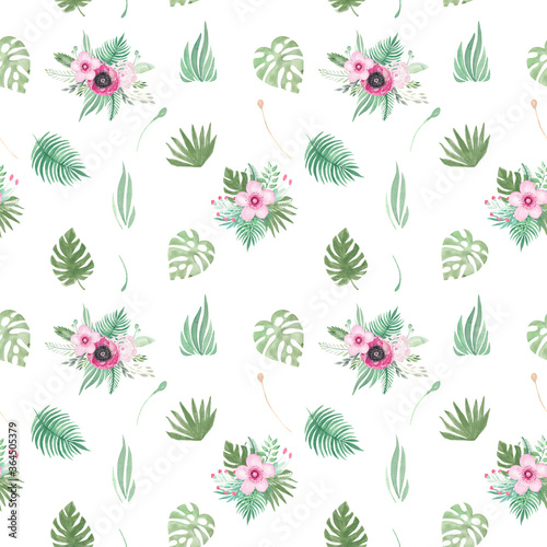Watercolor seamless pattern of floral elements on a white background Pink flowers rose poppy Leaves Tropical leaves Palm Leaf. Botanical pattern