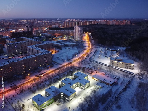 winter, night city aerial view