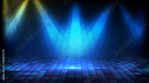 abstract futuristic background of blue empty stage Stairs covered with red carpet and lighting spotlgiht stage background