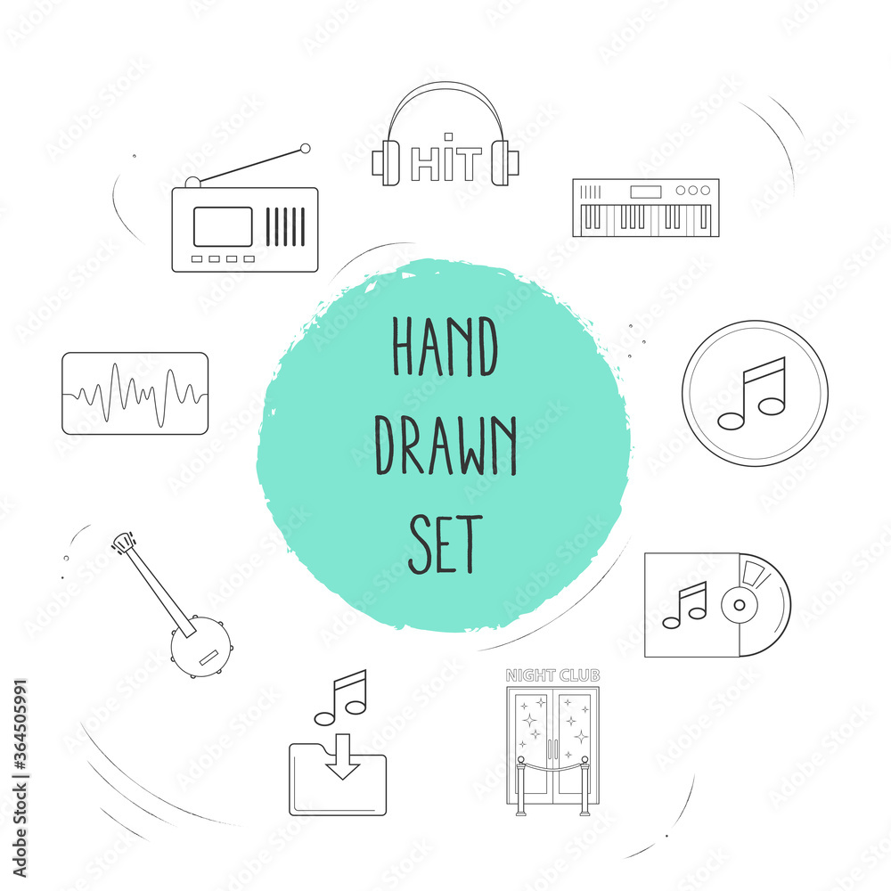 Set of studio icons line style symbols with banjo, radio, night club