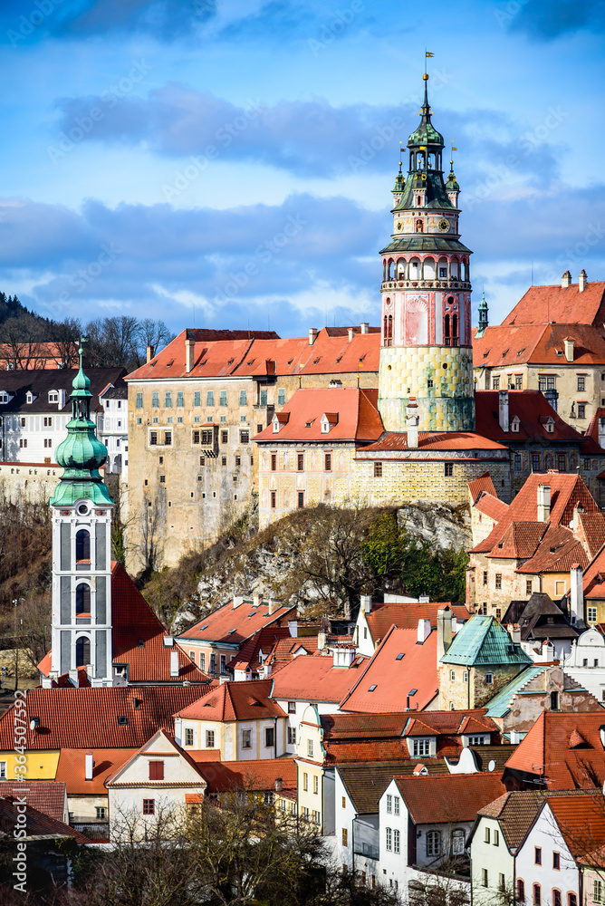 The aerial view on the historic city of Cesky Krumlov in Czech republic.