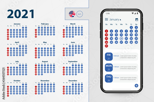 Calendar application for Smartphone. Vector calendar 2021 week starts from Sunday, English language.