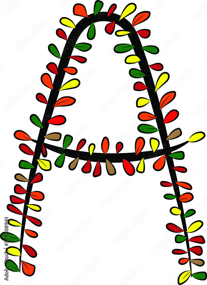 Colorful autumn Latin alphabet. The letter A is drawn by hand with a brush. Black branches and red, green, orange, yellow leaves.