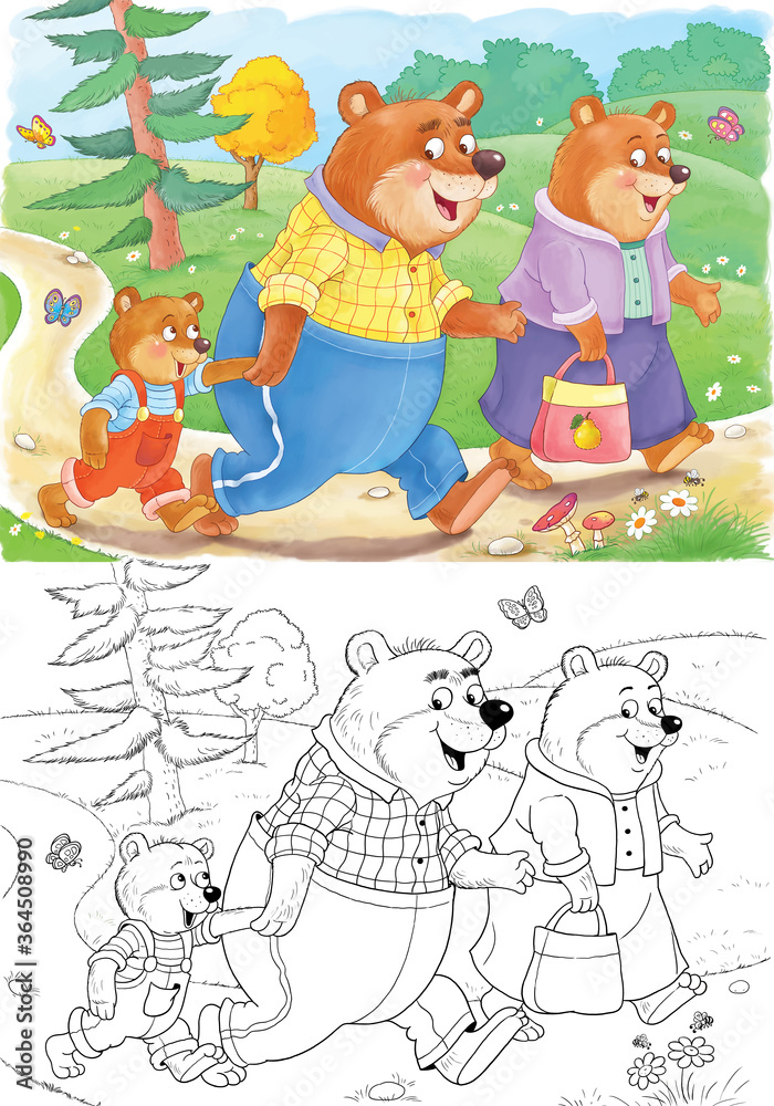 Fototapeta premium Goldilocks and the three bears. Fairy tale. One picture from series. Coloring book. Educational book. Illustration for children. Cute and funny cartoon characters