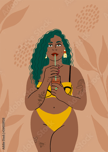 Portrait of a beautiful bodypositive woman drinking from a straw in a swimsuit on the beach. She loves her body, confident, a full girl in the summer resting by the pool or sea.