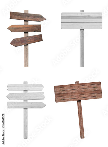 4 various wooden sign isolated on white background. Object with clipping path.