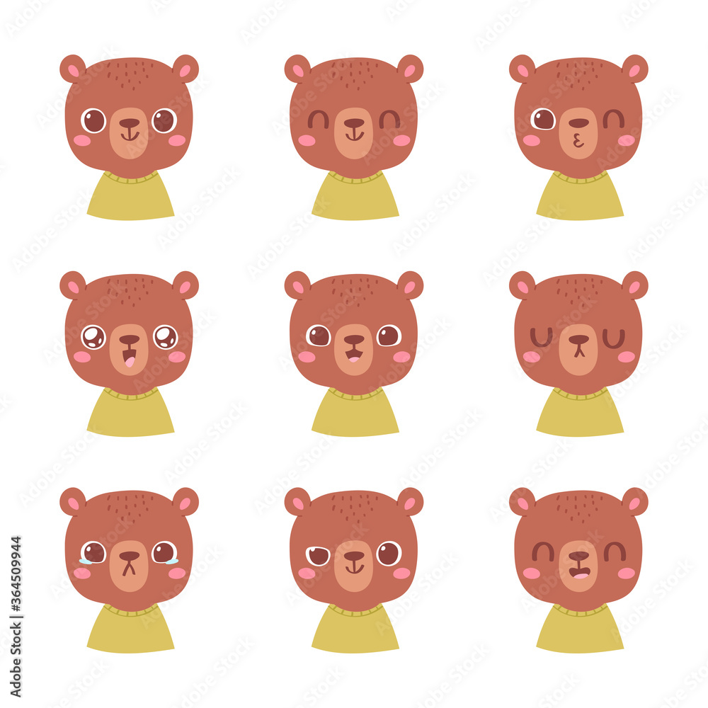 Set of pretty little animal emoji avatars. Cute baby bear emoticon heads with different faces: happy, sad, laugh, cry, funny, angry.  Vector illustration for baby card, poster and invitation.