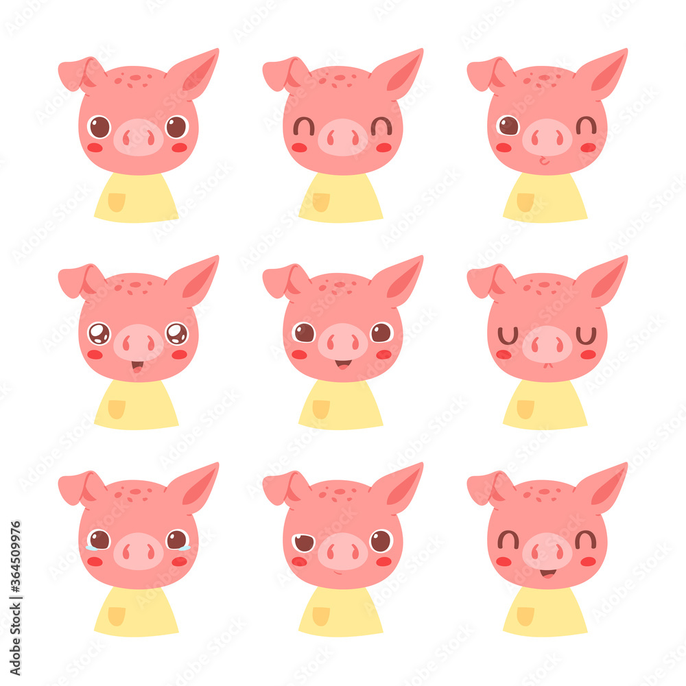 Set of pretty little animal emoji avatars. Cute baby pig emoticon heads with different faces: happy, sad, laugh, cry, funny, angry. Vector illustration for baby card, poster and invitation. Set of pretty little animal emoji avatars. Cute baby pig emoticon heads with different faces: happy, sad, laugh, cry, funny, angry. Vector illustration for baby card, poster and invitation.