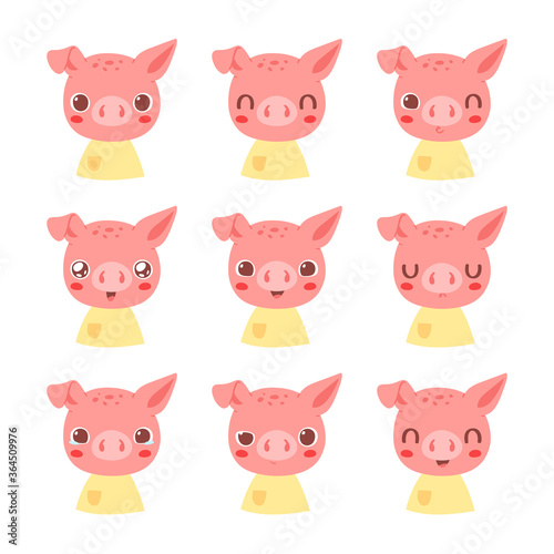 Fototapeta Naklejka Na Ścianę i Meble -  Set of pretty little animal emoji avatars. Cute baby pig emoticon heads with different faces: happy, sad, laugh, cry, funny, angry.  Vector illustration for baby card, poster and invitation.
