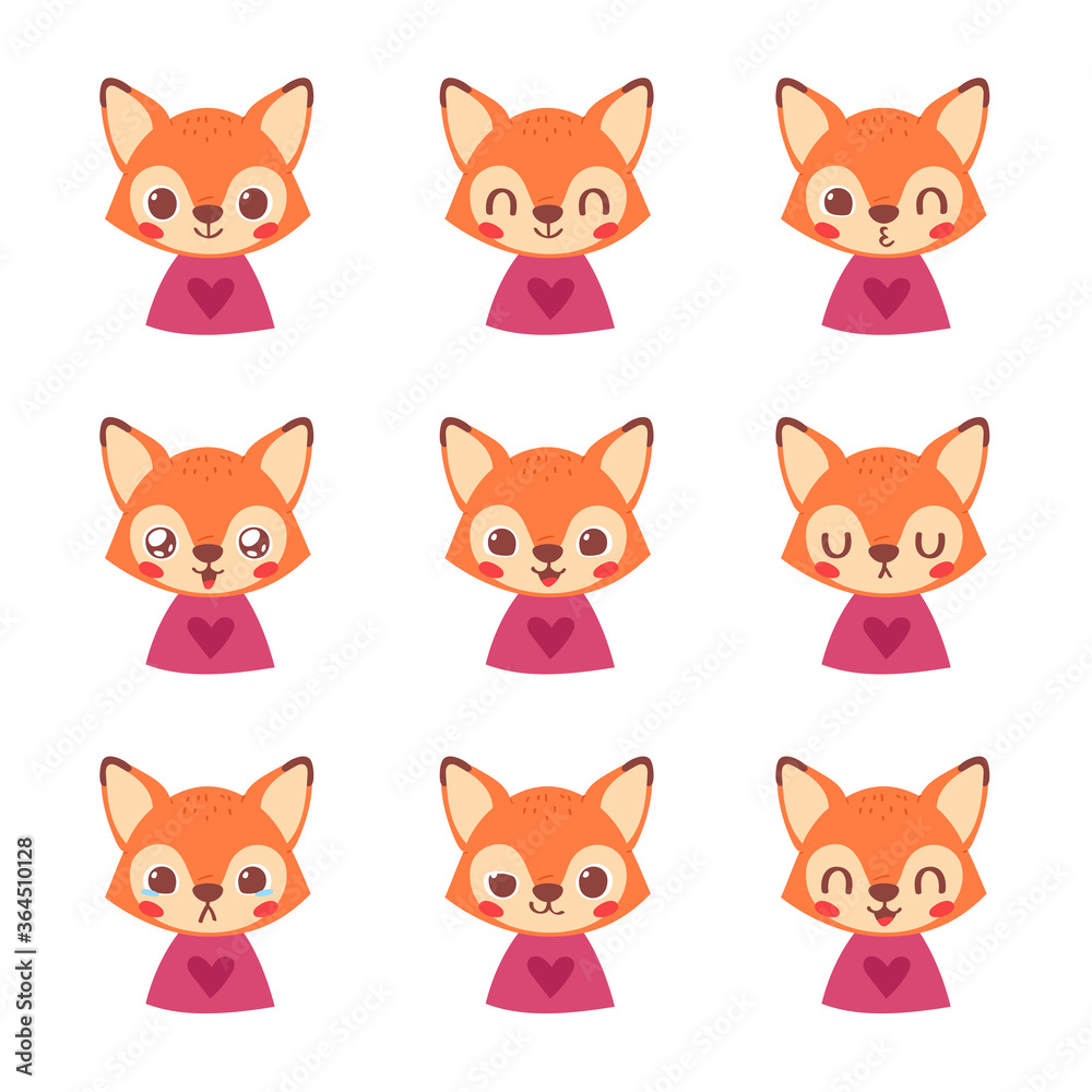 Set of pretty little animal emoji avatars. Cute baby fox emoticon heads with different faces: happy, sad, laugh, cry, funny, angry. Vector illustration for baby card, poster and invitation. Set of pretty little animal emoji avatars. Cute baby fox emoticon heads with different faces: happy, sad, laugh, cry, funny, angry. Vector illustration for baby card, poster and invitation.