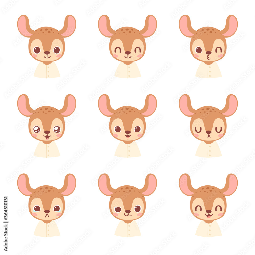 Set of pretty little animal emoji avatars. Cute baby deer emoticon heads with different faces: happy, sad, laugh, cry, funny, angry.  Vector illustration for baby card, poster and invitation.