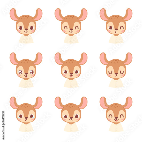 Set of pretty little animal emoji avatars. Cute baby deer emoticon heads with different faces  happy  sad  laugh  cry  funny  angry.  Vector illustration for baby card  poster and invitation.