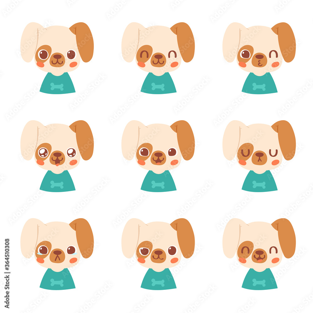 Set of pretty little animal emoji avatars. Cute baby dog emoticon heads