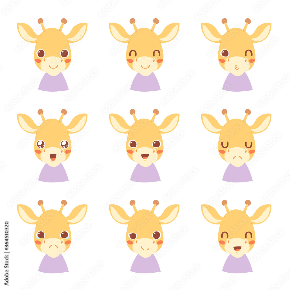 Set of pretty little animal emoji avatars. Cute baby giraffe emoticon heads with different faces: happy, sad, laugh, cry, funny, angry. Vector illustration for baby card, poster and invitation. Set of pretty little animal emoji avatars. Cute baby giraffe emoticon heads with different faces: happy, sad, laugh, cry, funny, angry. Vector illustration for baby card, poster and invitation.