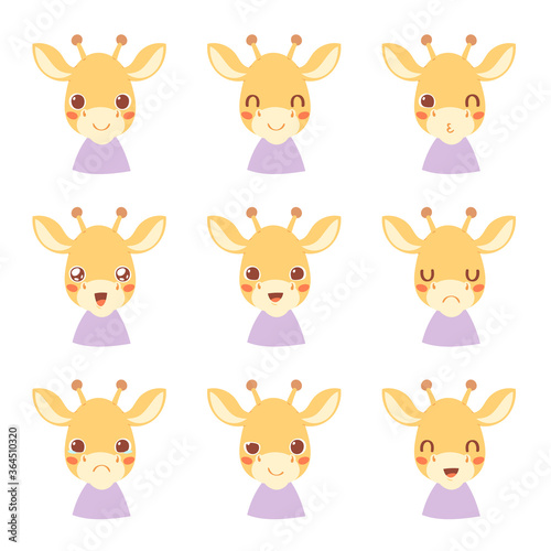 Set of pretty little animal emoji avatars. Cute baby giraffe emoticon heads with different faces: happy, sad, laugh, cry, funny, angry. Vector illustration for baby card, poster and invitation.