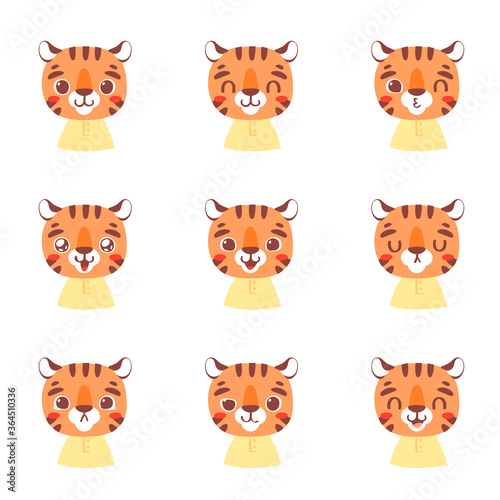 Set of pretty little animal emoji avatars. Cute baby tiger emoticon heads with different faces: happy, sad, laugh, cry, funny, angry. Vector illustration for baby card, poster and invitation.