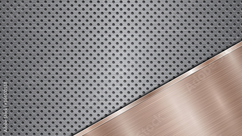 Background of silver perforated metallic surface with holes and angled bronze polished plate with a metal texture, glares and shiny edges