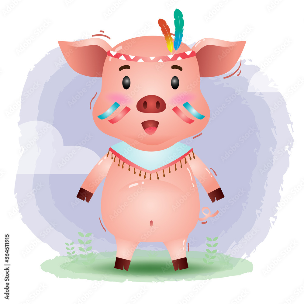 Fototapeta premium a cute pig in a headdress with feathers. Cartoon apache pig. Vector illustration