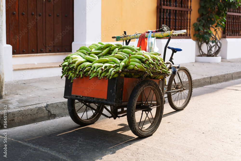 Tricycle full of plantains for sale, Cartagena Old Town, Colombia