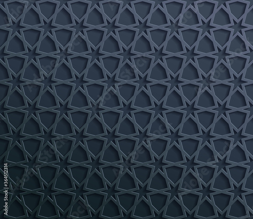 Seamless symmetrical abstract vector background in arabian style made of emboss geometric shapes with shadow.