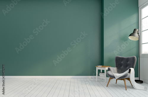 Empty Scandinavian room with armchair and floor lamp, green wall. 3d rendering