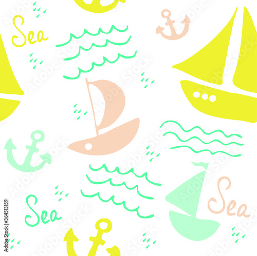 baby seamless pattern with boats, anchor and waves