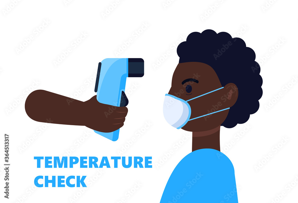 Body temperature check is required. Non-contact thermometer in hand. Black man is wearing mask on the face. Coronavirus prevention and control vector on white background.