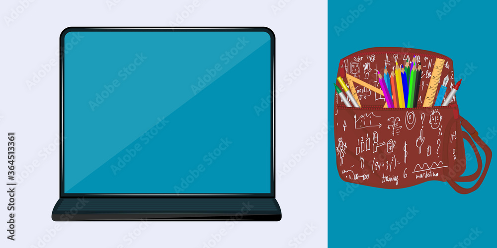 Notebook - School Backpack with doodles - pen, pencils, triangle - vector. Banner. Education. Back to school Notebook - School Backpack with doodles - pen, pencils, triangle - vector. Banner. Education. Back to school