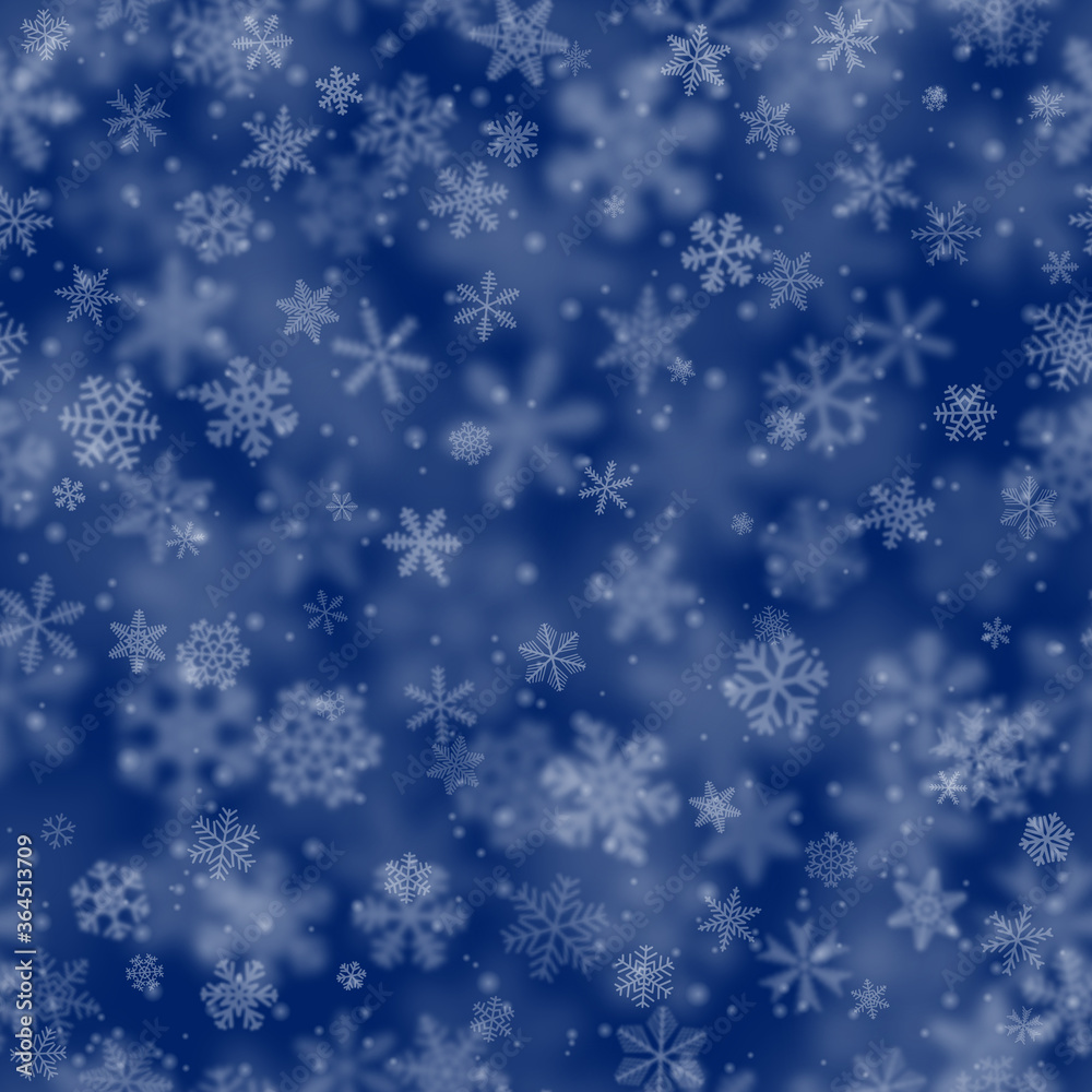 Christmas seamless pattern of snowflakes of different shapes, sizes, blur and transparency on blue background