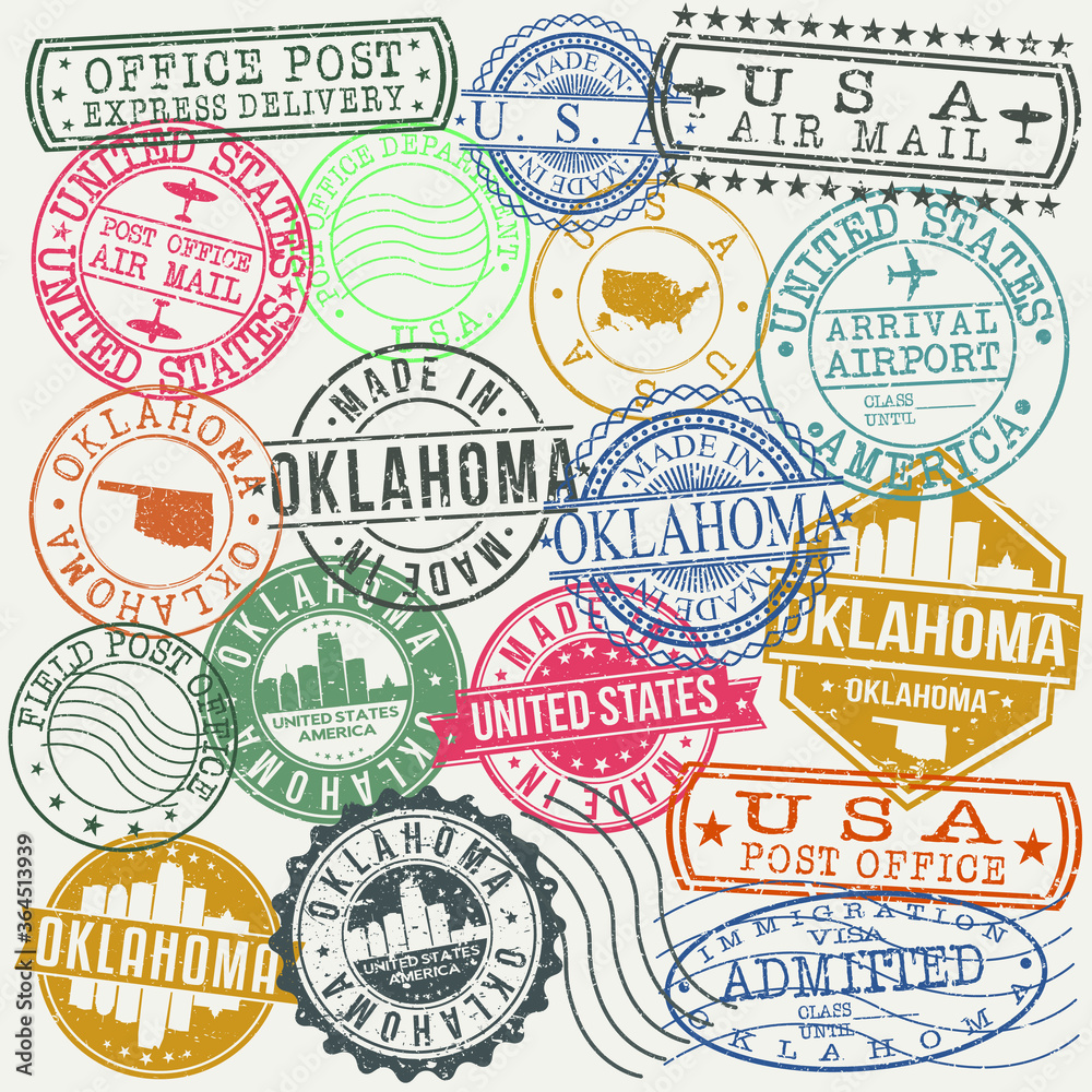 Oklahoma City. Stamp. Vector Art. Postal Passport. Travel Design Set. Postage.
