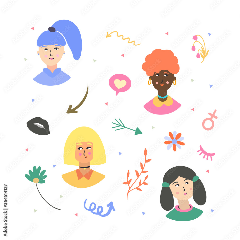 Windy set of four girls on a light background with various elements and details. Windy set of four girls on a light background with various elements and details.