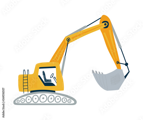 Yellow excavator isolated on a white background in flat style. Icons kids cars for design of children's rooms, clothing, textiles. Vector illustration