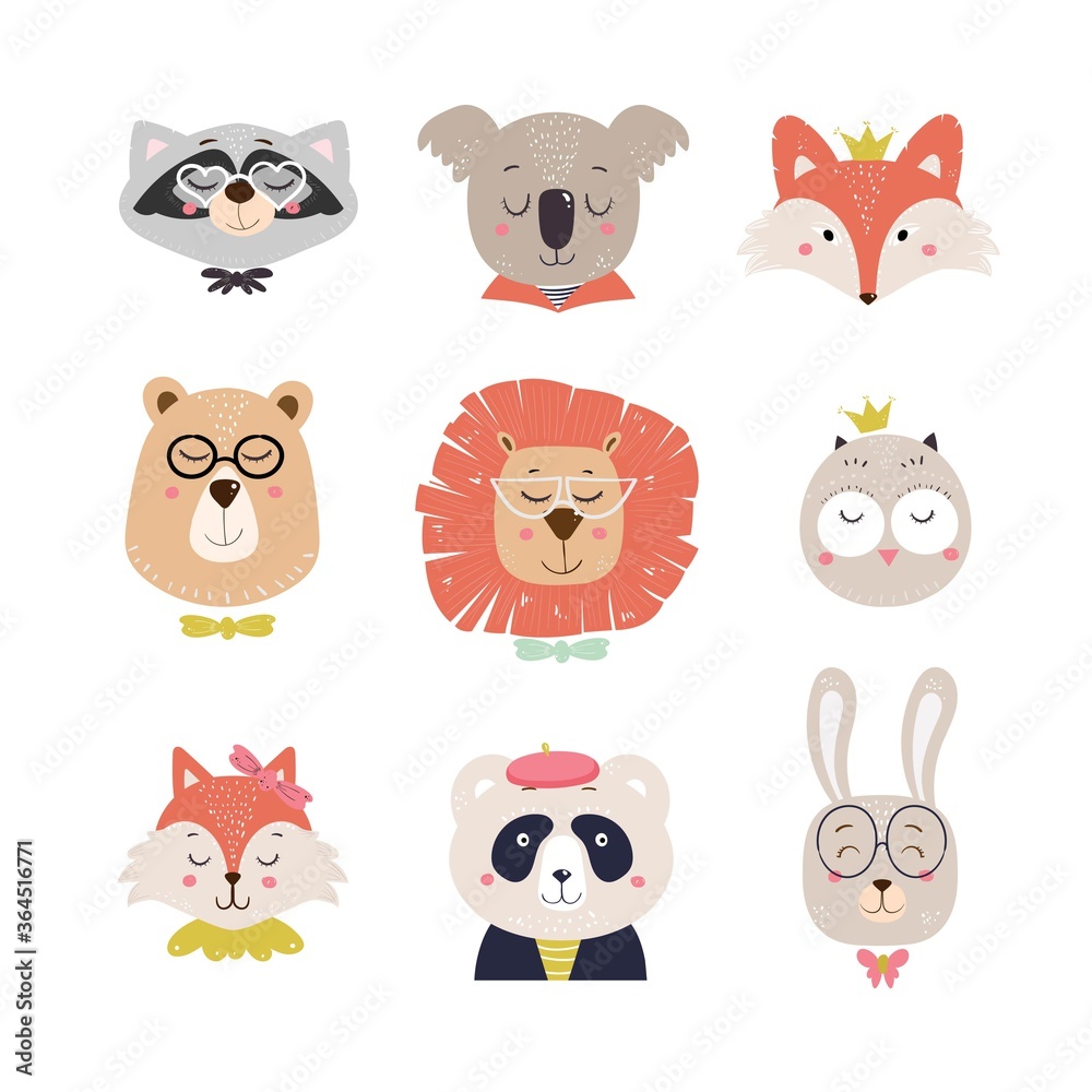 Cute cartoon animals for baby cards and baby shower invitations panda, fox, owl, koala, lion, bunny, raccoon, bear. Vector illustration Cute cartoon animals for baby cards and baby shower invitations panda, fox, owl, koala, lion, bunny, raccoon, bear. Vector illustration