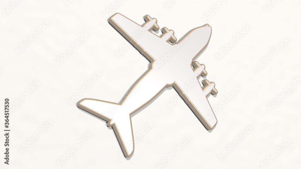 FLYING AEROPLANE from a perspective on the wall. A thick sculpture made of metallic materials of 3D rendering. illustration and background FLYING AEROPLANE from a perspective on the wall. A thick sculpture made of metallic materials of 3D rendering. illustration and background