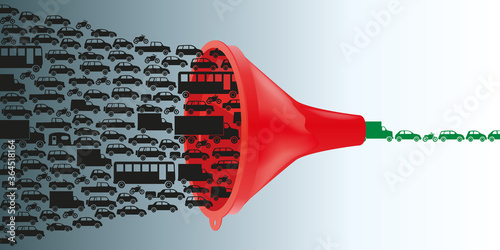 Concept de la pollution automobile avec le trafic routier qui en passant au travers d’un entonnoir, voit disparaitre les embouteillages