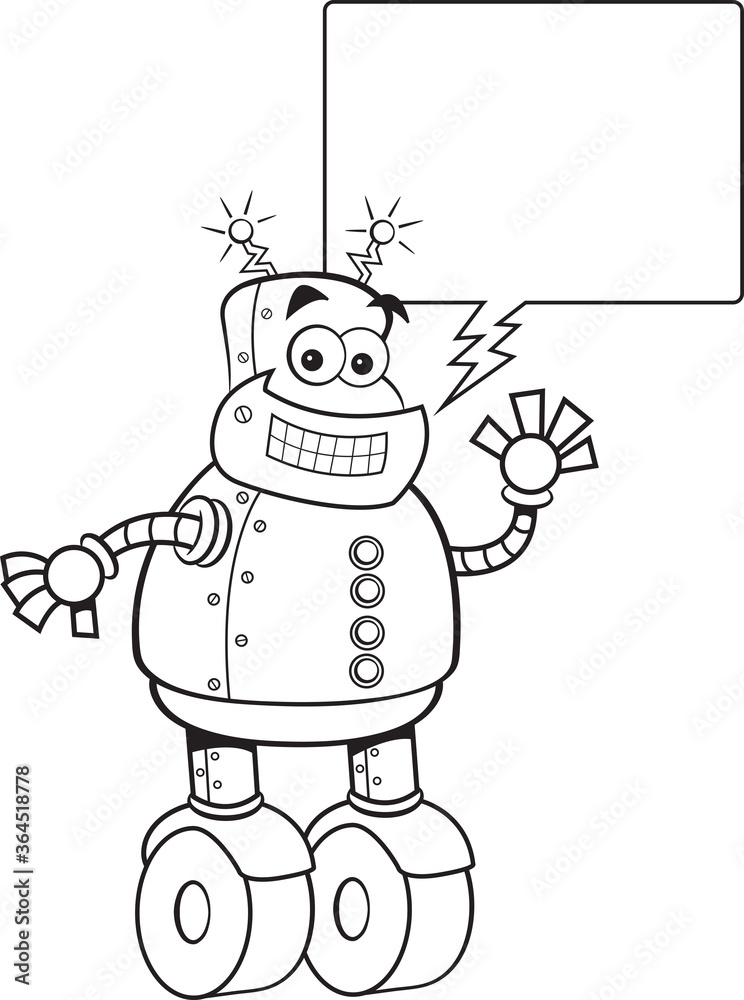 Black and white illustration of a smiling mechanical robot with a caption balloon. Black and white illustration of a smiling mechanical robot with a caption balloon.