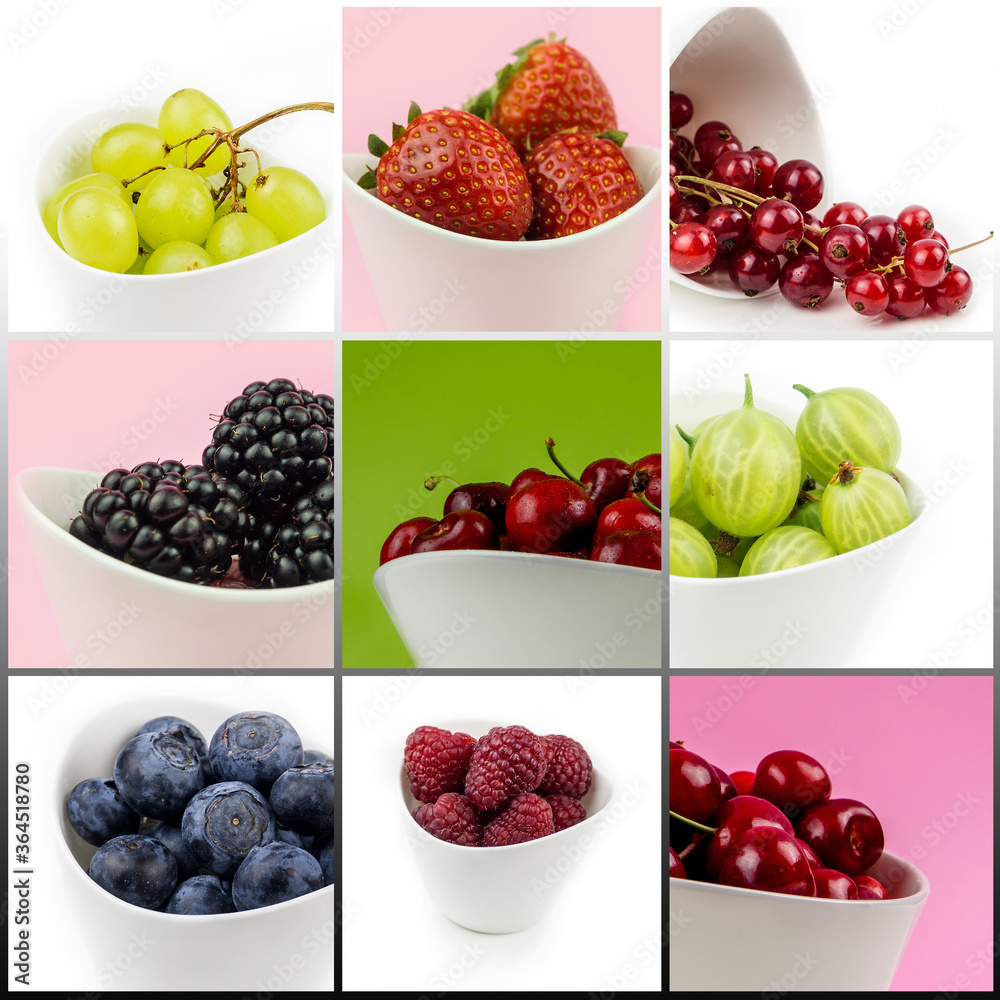collection of fruit in white ceramic bowls on multicolor background isolated collection of fruit in white ceramic bowls on multicolor background isolated