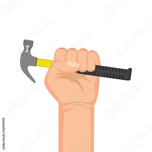 hand with hammer tool equipment isolated icon