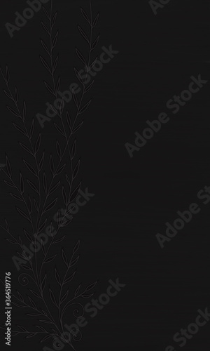Digital art black oil painting textured background with dark gray twigs with leaves. Dark template for web banner, business card.