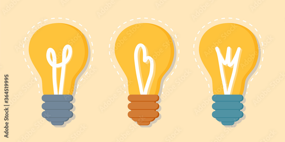 Vector set of yellow light bulbs representing ideas, energy and inspiration. The concept of emotional burnout, creative thinking. Decorations for greeting cards, prints for clothes, badges, posters.