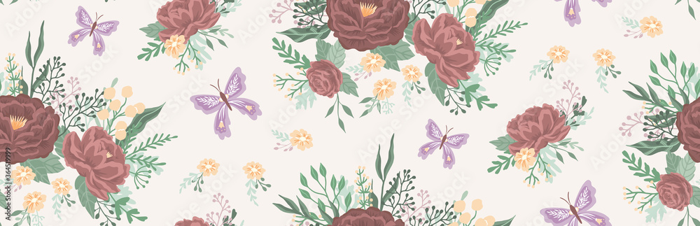 Beautiful floral pattern with a flowers and butterfly. Floral seamless background for fashion prints. Elegant vector texture. Can be used for t-shirt print, fashion print design, fabric, and wrapping.